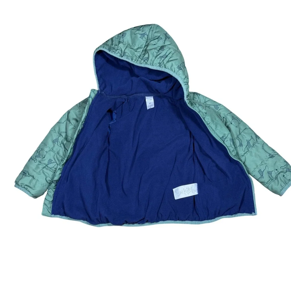 Boys 4T Hooded Puffer Jacket Green w/ Fleece Lined Polar Bear Carter's Full Zip